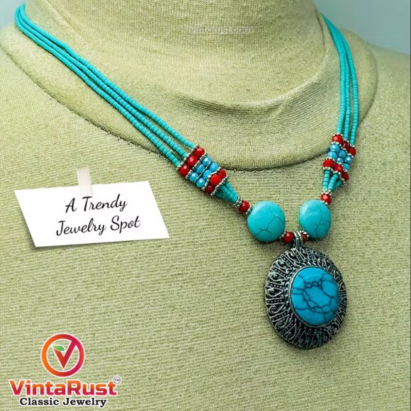 Beaded Multilayers Chain Necklace With Pendant, Ethnic Statement Necklaces - Picture 8 of 12